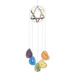 Star Brass Wire Wrapped Chakra Natural Gemstone Chips Hanging Ornaments, Natural Agate Plate Tassel Wind Chime for Home Outdoor Decorations, Star, 522mm