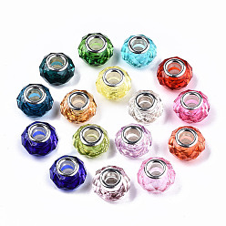 Mixed Color Transparent Resin European Beads, Imitation Crystal, Large Hole Beads, with Silver Tone Brass Double Cores, Faceted, Rondelle, Mixed Color, 14x9.5mm, Hole: 5mm
