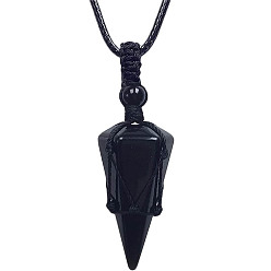 Black Agate Natural Black Agate Cone Pendant Necklaces, Wax String Macrame Pouch Necklace, 20.08~31.50 inch(51~80cm)