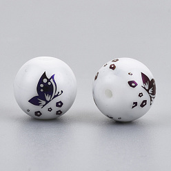 Purple Plated Electroplate Glass Beads, Round with Butterfly Pattern, Purple Plated, 10mm, Hole: 1.2mm