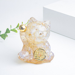 Opalite Resin Fortune Cat Display Decoration, with Opalite Chips inside Statues for Home Office Decorations, 55x40x60mm
