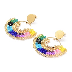 Colorful Vacuum Plating 304 Stainless Steel Earrings, Glass Seed Beaded Arch Dangle Stud Earrings, Colorful, 51mm