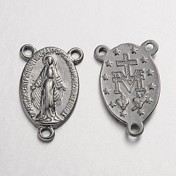 Черный Цвет Металла Святая овальная резная люстра из сплава Девы Марии в тибетском стиле, 3 Разъемы петли, центральные элементы четок, без свинца, без кадмии и без никеля, металлический черный , 23x14.5x3 мм, отверстие : 1 мм