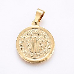 Golden Vacuum Plating 304 Stainless Steel Pendants, Religion, Flat Round with Saint Benedict, Golden, 24x20x2mm, Hole: 7x4mm