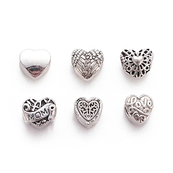 Antique Silver Mother's Day Theme, Alloy European Beads, Large Hole Beads, Heart with Word Mom&Family, Wing, Word Love, Antique Silver, 30pcs/set