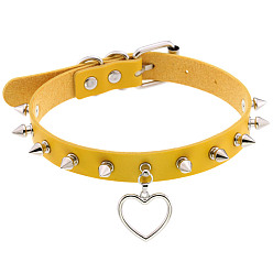 Yellow Punk Rivet Spike Lock Collar Chain Necklace with Soft Girl Peach Heart Pendant