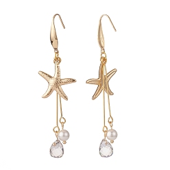 Golden Starfish/Sea Stars 304 Stainless Steel Dangle Earring, Shell Pearl & Transparent Glass Beads Long Drop Earrings for Women, Golden, 75mm, Pin: 0.7mm