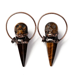 Тигровый глаз Большие подвески из натурального тигрового глаза с черепом в форме конуса, с кольца прыжок из латуни, Красная медь, 71~74x40~42x25~27 мм, отверстие : 6.5 мм