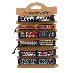 Brown 6Pcs 6 Colors PU Leather & Cotton Braided Cord Bracelets Set, Ethnic Tribal Adjustable Bracelets for Women, Brown, Inner Diameter: 2~2-1/2 inch(5.2~6.2cm), 1Pc/color
