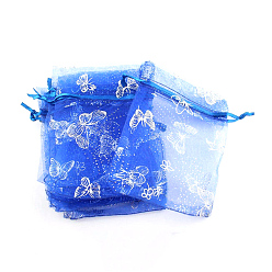 Medium Blue Rectangle Printed Organza Drawstring Bags, Silver Stamping Butterfly Pattern, Medium Blue, 12x10cm