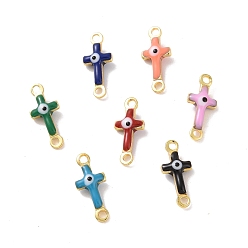 Mixed Color Brass Enamel Connector Charms, Real 18K Gold Plated, Religion Cross with Evil Eye Pattern, Mixed Color, 5.5x13x3mm, Hole: 1.2mm