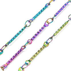 Rainbow Color Ion Plating(IP) 304 Stainless Steel Textured Bar Link Chains, Soldered, with Spool, Rainbow Color, 15x2x1mm, 3.5x2x0.3mm, about 32.81 Feet(10m)/Roll
