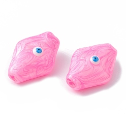 Pearl Pink Glass Beads, with Enamel, Rhombus with Evil Eye Pattern, Pearl Pink, 28x19x12mm, Hole: 1.2mm