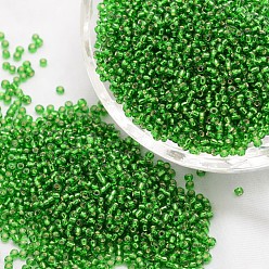 Green 12/0 Transparent Glass Round Seed Beads, Grade A, Silver Lined, Green, 1.8~2.0mm, Hole: 0.8mm, about 28000pcs/pound