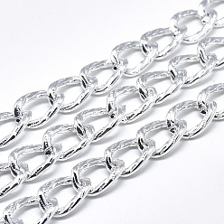 Silver Aluminium Curb Chains, Textured, with Spool, Unwelded, Silver, 15x10x2mm, about 65.61 Feet(20m)/roll