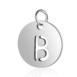 Letter B 304 Stainless Steel Charms, Flat Round with Letter, Stainless Steel Color, Letter.B, 12x1mm, Hole: 2.5mm