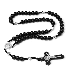 Black Rosary Bead Necklace for Easter, Alloy Crucifix Cross Pendant Necklace with Wood Beaded Chains for Women, Black, 17.32 inch(44cm)