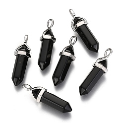 Obsidian Natural Black Obsidian Double Terminated Pointed Pendants, with Random Alloy Pendant Hexagon Bead Cap Bails, Bullet, Platinum, 36~45x12mm, Hole: 3x5mm, Gemstone: 10mm in diameter