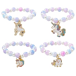 Mixed Shapes Glass Beaded Stretch Bracelet with Alloy Enamel Unicorn Charm for Kids, Mixed Shapes, Inner Diameter: 1-3/4~2 inch(4.6~5cm)