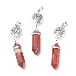 Red Jasper Natural Red Jasper Pointed Big Pendants, with Platinum Plated Brass Findings, Faceted, Bullet & Flower of Life, 59~67x14~15mm, Hole: 7x5mm