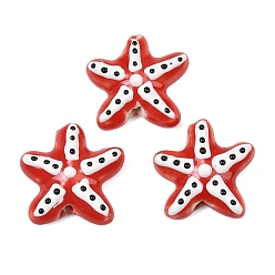 Red Handmade Porcelain Beads, Hand Painted, Famille Rose Porcelain, Starfish with Polka Dot, Red, 17.5x17.5x6mm, Hole: 1.8mm