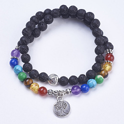 Lava Rock Chakra Jewelry, Natural Lava Rock Wrap Bracelets, with Mixed Stone and Alloy Findings, Flat Round with Tree, Antique Silver, 14-1/8 inch(36cm), Pendant: 15x12x1.5mm