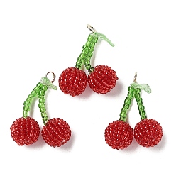 FireBrick Glass Seed Beaded Pendants, Cherry Charms, with Brass Jump Ring, FireBrick, 33x26.5x13.5mm, Hole: 4.5mm