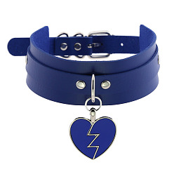 Blue Sapphire Rocking Heart Pendant Collar with Double-layer Leather Chain and Lock Clavicle Necklace