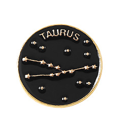Taurus Black Constellations Word Enamel Pin, Gold Plated Alloy Flat Round Badge for Backpack Clothes, Taurus, 20mm