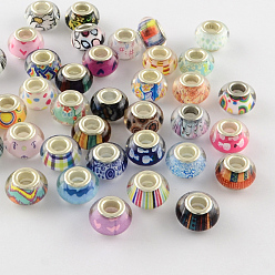 Mixed Color Large Hole Resin European Beads, with Silver Color Plated Brass Double Cores, Rondelle, Mix Pattern, Mixed Color, 14x9~10mm, Hole: 5mm