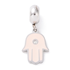 Pink 304 Stainless Steel European Dangle Charms, Large Hole Pendants, with Crystal Rhinestone and Enamel, Hamsa Hand/Hand of Miriam, Stainless Steel Color, Pink, 24mm, Hole: 4.5mm, Pendant: 15x11x1.5mm