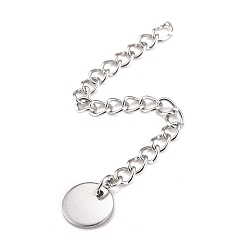 Stainless Steel Color 304 Stainless Steel Chain Extender, Curb Chain, with 202 Stainless Steel Charms, Flat Round, Stainless Steel Color, 58~63mm, Link: 3.7x3x0.5mm, Flat Round: 8x0.7mm