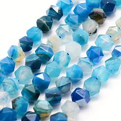 Light Blue Natural Striped Agate/Banded Agate Beads Strands, Star Cut Round Beads, Dyed & Heated, Faceted, Light Blue, 8~8.5mm, Hole: 1mm, about 48~50pcs/strand, 14.9~15.1 inch(38~38.5cm)