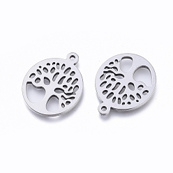 Stainless Steel Color 304 Stainless Steel Pendants, Laser Cut, Oval with Tree of Life, Stainless Steel Color, 15.5x14x1mm, Hole: 1.2mm