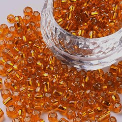 Rouge Orange 12/0 perles de rocaille de verre, trou rond argenté, ronde, rouge-orange, 2mm, trou: 1 mm, sur 30000 perles / livre