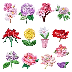 Mixed Color 13Pcs Flower Iron on Appliques, Embroidery Cloth Patches, Stick On Patch, Costume Accessories, Mixed Color, 40~50x30~60mm