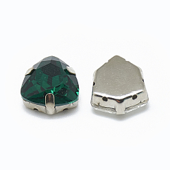 Emerald Sew on Rhinestone, Multi-strand Links, K9 Glass Rhinestone, with Platinum Tone Brass Prong Settings, Garments Accessories, Triangle, Emerald, 12.5x12x6mm, Hole: 0.8mm