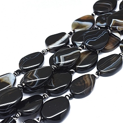 Black Natural Banded Agate/Striped Agate Beads Strands, Dyed & Heated, Twisted Teardrop, Black, 25~27x19~21x6~7mm, Hole: 1.6mm, about 13pcs/Strand, 16.54 inch(42cm)