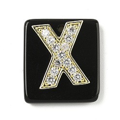 Letter X Природные подвески обсидиана, прямоугольные подвески с латунной микропаве прозрачной кубической циркониевой буквой, реальный 18 k позолоченный, долговечный, стойки покрытие, Письмо X, 21x18x5 мм, отверстие : 1.4 мм