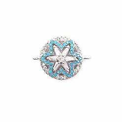 Platinum Brass Micro Pave Deep Sky Blue Cubic Zirconia Connector Charms, Mandala Flower Links, Platinum, 13.9x18.7mm