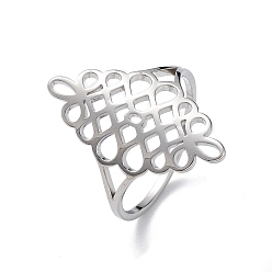 Stainless Steel Color Hollow Out Chinese Knot 304 Stainless Steel Finger Ring for Women, Stainless Steel Color, Inner Diameter: 17mm