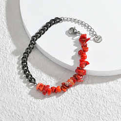 Red Jasper Natural Red Jasper Chips Beaded Bracelet, with Black Stainless Steel Curb Chains, 6-1/4 inch(16cm)
