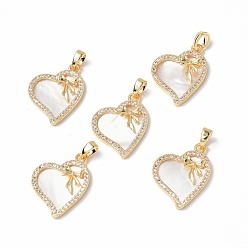 Real 18K Gold Plated Shell Pendants, with Brass & Glass Findings, Asymmetrical Heart with Bowknot Charm, Real 18K Gold Plated, 20.5x16x3mm, Hole: 4.5x2.5mm