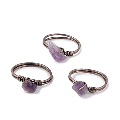 Amethyst Natural Amethyst Chips Finger Ring, Red Copper Brass Wire Wrap Jewelry for Women, Inner Diameter: 18mm