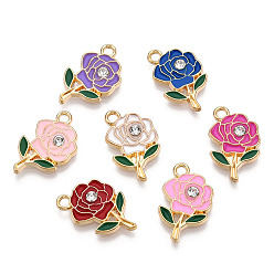 Mixed Color Barrel Plating Alloy Pendants, with Enamel and Rhinestone, Cadmium Free & Nickel Free & Lead Free, Flower, Light Gold, Mixed Color, 18.5x11.5x2.5mm, Hole: 1.6mm