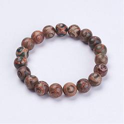 Coffee Tibetan Style Dzi Bead Stretch Bracelets, with Burlap Packing Pouches Drawstring Bags, Coffee, 2-1/8 inch(53mm)