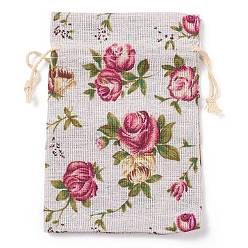 Flower Linenette Drawstring Bags, Rectangle, Rose Pattern, 18x13cm