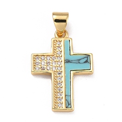 Turquoise Real 18K Gold Plated Brass Micro Pave Clear Cubic Zirconia Pendants, with Synthetic Turquoise, Cross, 21.5x15x2mm, Hole: 5x3mm