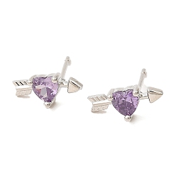Lilac Heart with Arrow Platinum Brass Stud Earrings, with Clear Cubic Zirconia, Long-Lasting Plated, Lead Free & Cadmium Free, Lilac, 6x13mm