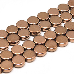 Copper Plated Electroplate Non-magnetic Synthetic Hematite Beads Strands, Flat Round, Copper Plated, 8x3mm, Hole: 0.5mm, about 56pcs/strand, 16.1 inch
